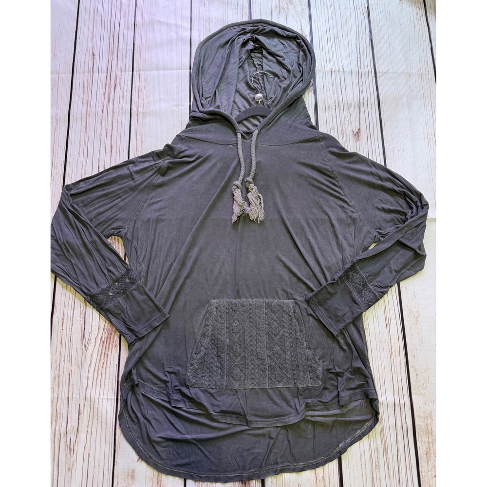 POL Women 3XL Charcoal Grey Lace Crochet Boho Lightweight Hoodie Long Sleeve Top